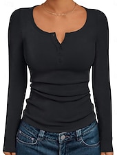 cheap Plain Blouses-Women's Blouse Buttons Solid Color Daily Stylish Casual Long Sleeve Crew Neck Regular Tops Daily Black White Wine Brown Dark Gray Spring Fall