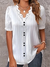  Per donna Maglietta Pizzo Patchwork Semplice Elegante Moda Classico Manica Corta Scollo a V Top lunghi Casuale Quotidiano Uscire Bianco Estate Primavera