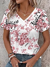 cheap Floral tee-Women's T Shirt Print Floral Graphic Stylish Classic Casual Short Sleeve V Neck Regular Tops Casual Daily Blue White Pink Summer Spring