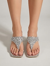 abordables Sandalias de tacón-Women's Silver Rhinestone Thong Heeled Sandals - Sparkling Nightlife Party Dress Shoes