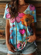 economico T-shirt floreale-Per donna Maglietta Stampato Floreale Grafico Piante Vintage Moda Hawaiano Manica Corta Scollo a V Top Regolari Quotidiano Uscire Weekend Blu Viola chiaro Marrone Verde Estate Primavera