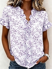 abordables Blouses Florales-Femmes Chemise Tunique A Volants Fleuri Graphique Élégant Mode Quotidien Manche Courte Col en V Hauts Réguliers Occasionnel Quotidien Bleu Rose Claire Violet Vert Été Printemps