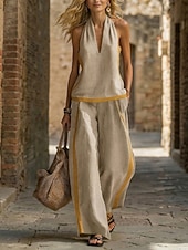 abordables Conjuntos-Mujer Conjunto con tacto de lino Conjuntos de pantalones Sin Mangas Cuello halter Color sólido Moda Ropa de calle Casual Diario Exterior Azul Piscina Caqui Gris Verano Holgado