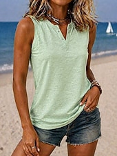  Mujer Camisa Blusa con textura Tops de verano Plano Elegante Clásico Sin Mangas Escote en Pico Henley Tops regulares Casual Blanco Verde Claro Púrpula Claro Azul claro Verano Primavera