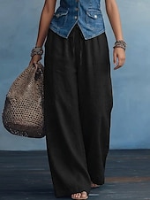 preiswerte Wesentliche Falsche Unterteile-Damen Kunstbaumwollleinen Hose Sommerhose Baggy-Hosen Elegant Urlaub Ethno-Stil Volle Länge Hohe Taille Kordelzug Weites Bein Komfort Unelastisch Täglich Strand Formell Violett Mandelfarben Schwarz