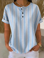 billige Stripe og geometrisk t-skjorte-Dame Waffle Teksturert Strikket Tops T Skjorte Fargeblokk Grafisk Geometri Stilig Klassisk Kortermet Crew Hals Rund Hals Henley Lange Tops Daglig Sport Blå Hvit Sommer Vår