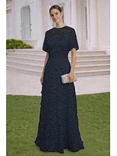 cheap Floor Length-A-Line Dress Floor Length Wedding Guest Dress Formal Dresses Evening Gown Mother of the Bride Dress Short Sleeve Crew Neck Elegant Simple Embellished Formal Lace with 3D Flowers