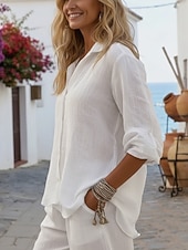  Women's Shirt Solid Color Plain Stylish Casual Long Sleeve Shirt Collar Regular Tops Daily Holiday Buttons Blue White Yellow Pink Summer Spring