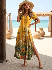  Per donna Abito Midi Abito a trapezio Abito Estivo Vacanza Casual Spiaggia Vestibilità regolare Floreale Grafico Manica Corta Scollo a V Blu Giallo Verde chiaro Rosa Estate Primavera