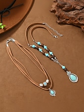 cheap Women's Necklace-Women's Bohemian Alloy and Turquoise Necklace Set, Layered Statement Jewelry for Beach Vacation, Resort Wear, Casual Summer Outfits and Everyday Boho Styling