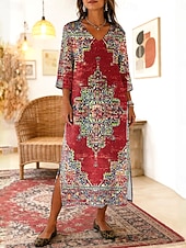 baratos Vestidos Boho-Mulheres Vestido Longo Vestido Maxi Vestido Boho Vestido de turno Vestidos Para o Verão vestido de praia Boêmia Férias Étnico Praia Feriado Encontro Ajuste Largo Gráfico Abstrato Manga 3/4 Decote V