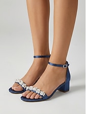 cheap Heeled Sandals-Women's Navy Pearl Embellished Chunky Heel Sandals - Elegant Ankle Strap Cocktail Party Dress Shoes