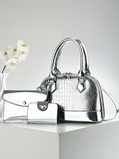 abordables Bolsos de mano y tote-Conjunto de tres bolsos de mujer de piel sintética charol con relieve de cocodrilo, bolso bandolera multicolor con asa superior y correa ajustable, monedero y tarjetero para viajes y uso casual.