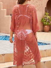 baratos Kaftans-Mulheres Roupa de Banho Cobertura roupa de banho Renda Férias Roupa de Praia Floral Manga Longa Fatos de banho