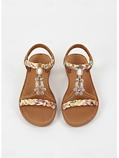 economico Sandali Piani-sandali bassi da donna in metallo dorato con cinturino intrecciato floreale e dettagli in pietre preziose – calzature estive casual per la spiaggia, la piscina e le vacanze