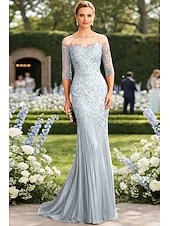 tanie Suknie wieczorowe syrenki-Syrena Tren sweep Suknia Suknia wieczorowa Sukienka dla matki panny młodej Rękaw 1/2 Łódeczka Elegancja Formalny Gość weselny Koronka Tiul z Haft nakładany