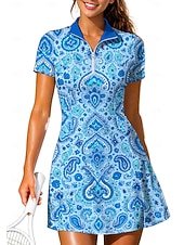 cheap Women's Tennis Dress-Women's Paisley Tennis Dress Short Sleeve Zipper Print Breathable Tennis Golf Badminton Collar Polo Collar Dress Blue and White Tennis Clothing