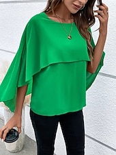 baratos Blusas Simples-Mulheres Blusa Franzido Côr Sólida à moda Básico Casual Manga 3/4 Gola Redonda Tops regulares Diário Azul Preto Rosa Vermelho Camelo Verão Primavera Outono