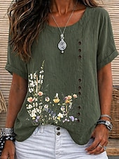 baratos Camiseta floral-Women's Blouse Buttons Floral Graphic Elegant Vintage Daily Short Sleeve Crew Neck Regular Tops Casual Daily Holiday Blue Grass Green White Yellow Pink Summer Spring