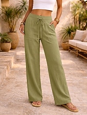 cheap Bottoms-Women's Linen-feel Pants Summer Pants Vacation Basic Full Length Medium Waist Plain Drawstring Comfort Micro-elastic Daily Blue Depression Green Apricot Grey Summer Spring