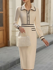 tanie Prosta sukienka-Damskie Sukienka do kolan Sukienka koszulowa Codzienne sukienki Sukienka do pracy Moda Nowoczesny Codzienny Urlop Wyjściowe Regularny Równina Długi rękaw Kołnierzyk koszuli Morelowy Wiosna Jesień