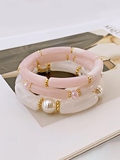 billige Damearmbånd-Bohemsk 3-delt armbåndssett i akryl for kvinner, elastiske, stabelbare armbånd, perfekt for strandferie, hverdagsbruk og sommertilbehør