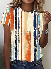 preiswerte Streifen- und geometrisches T-Shirt-Damen T Shirt Druck Grafik Gestreift Bohemien Hawaiianisch Stilvoll Kurzarm Rundhalsausschnitt Normale Oberteile Täglich Blau Rosa Orange Grün Sommer Frühling