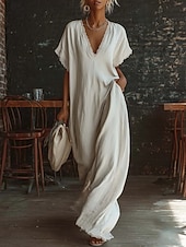 economico Vestiti-Per donna Abito maxi Abiti effetto lino Abito a trapezio Casual Quotidiano Vestibilità comoda Semplice Manica Corta Scollo a V Blu Nero Bianco Giallo Estate Primavera