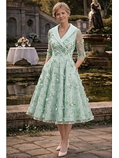 economico Lunghezza del tè-Linea ad A Lunghezza Tè Abito da cerimonia per signora Manica 3/4 Scollo a V Bavero Elegante Vintage Formale Ospite di nozze Raso Pizzo con Fiori 3D Arricciato Ricamo