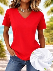  Femmes T-shirt Chemise en coton Couleur Unie Mode Élégant Basique Manche Courte Col en V Hauts Réguliers Occasionnel Quotidien Sortir Blanche Rose Claire Rouge bleu marine Vert Été Printemps