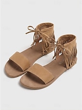 cheap Flat Sandals-Women's Khaki Fringe Sandals – Boho Ankle Tie Flat Sandals for Music Festival &amp; Summer Vacation Wear