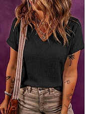 cheap Plain tee-Women's Waffle T-shirt Tee Top Solid Color Elegant Fashion Stylish Short Sleeve Batwing Sleeve V Neck Regular Tops Casual Going out Black White Pink Green Apricot Summer Spring