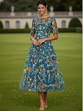 Недорогие Длина щиколотки-А-силуэт Платья Ниже колена Коктейльные платья Свадебное платье для гостей Платье для матери невесты Рукав до локтя Вырез под горло Вырез лодочкой Элегантный стиль На каждый день