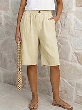 baratos Partes inferiores-Mulheres Calças com toque de linho Bermudas Calças Capri Calção Férias Moda Roupa de rua Comprimento do joelho Cintura Alta Tecido Bolsos Cintura elástica Respirabilidade Confortável Respirável Com