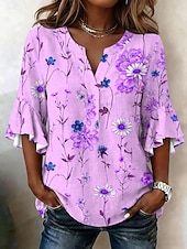 voordelige Bloemen Blouses-Dames Blouse Ruche Afdrukken Bloemig Grafisch Vakantie Dagelijks Retro vintage 3/4 mouw V-hals Normale tops Casual Dagelijks Feestdagen blauw Geel Blozend Roze Paars Zomer Lente