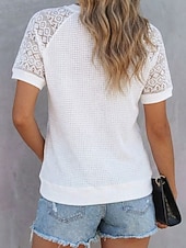 voordelige Effen t-shirt-Dames Wafel T-shirt Raglan-T-shirt Kant Vetergat Elegant Stijlvol Korte mouw Strakke ronde hals Lange tops Casual Vakantiekleding Zwart Wit Grijs Zomer Lente