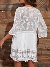 Χαμηλού Κόστους Φορέματα παραλίας-Γυναικεία Μαγιό Που καλύπτει Μαγιό-φόρεμα Μαγιό Δαντέλα Διακοπές Ρούχα παραλίας Συμπαγές Χρώμα Λαιμόκοψη V Μακρυμάνικο Μαγιό