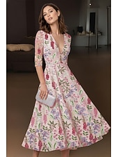 abordables Cocktailjurken-A-Line Tea Length Cocktail Dresses Elegant Vintage Floral Half Sleeve V Neck Garden Party Wedding Lace with Embroidered Flower Embroidery Pocket