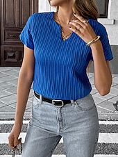  Per donna Maglietta A strisce Semplice Elegante Moda Manica Corta Scollo a V Top Regolari Casuale Quotidiano Spiaggia Blu Primavera