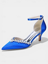 abordables Zapatos de salón de tacón bajo-Zapatos de tacón bajo de satén rosa para mujer, zapatos de salón con tira en el tobillo y punta afilada con pedrería para cócteles y bodas. &amp;eventos nocturnos