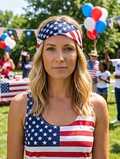  Dames bohemian katoenen bandana set met Amerikaanse vlag, bestaande uit twee delen: een veelzijdige hoofddoek en nekwarmer voor de viering van het 250-jarig bestaan van de VS, Onafhankelijkheidsdag,