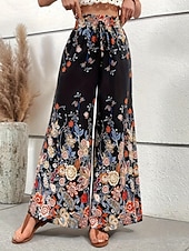 tanie szerokie nogawki i wysoki stan-Damskie Spodnie szerokie nogawki Typu Chino Urlop Codzienny Boho Pełna długość Wysoka talia Kwiaty Graficzny Elastyczny pas Nadruk Wygodne Miękka Wygodny Elastyczny Na zewnątrz Urlop Ulica Niebieski