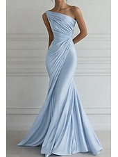 abordables Vestidos de Noche Sirena-Corte Trompeta Sirena Hasta el Suelo Vestidos de noche Elegante Sin Mangas Un Hombro Boda Formal Vestido rosa Satén elástico con Plisado