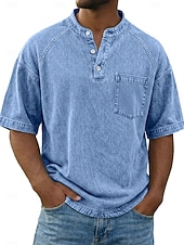 ieftine tricouri de bază-Bărbați Tricou Cămașă Demin Cămașă de spălat cu acid 100% bumbac Manșon scurt Guler de stand Henley Toamna iarna Primăvară Toamnă Simplu Epocă Șic Stradă Casual Buzunar Vopsit în haine Spălat Casual