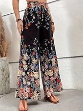 tanie szerokie nogawki i wysoki stan-Damskie Spodnie szerokie nogawki Typu Chino Urlop Codzienny Boho Pełna długość Wysoka talia Kwiaty Graficzny Elastyczny pas Nadruk Wygodne Miękka Wygodny Elastyczny Na zewnątrz Urlop Ulica Niebieski