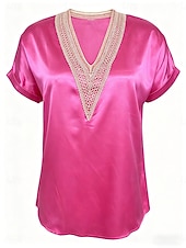 ieftine Rezervor simplu-Pentru femei Maiou din satin Tricou Tee Top Simplu Modă Stilat Clasic Manșon scurt În V Topuri obișnuite Casual Zilnic Ieșire Negru Alb Fucsia Vară Primăvară