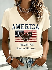  American Independence Day Women's T Shirt Print Graphic Letter American Flag Stylish Classic Casual Short Sleeve V Neck Regular Tops Casual Daily Blue Light Beige Black Red / Blue White+Blue Summer