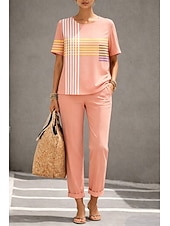 ieftine Costume de bluză de damă-Pentru femei Seturi de lenjerie de bumbac Manșon scurt Rotund Grafic Geometric Elegant Boemia Activ Casual Zilnic Albastru piscină Roz Îmbujorat Kaki Primavara vara Fit regulat