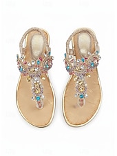 ieftine Sandale plate-sandale plate de damă auriu cu strasuri – sandale boeme elegante cu curea în T pentru vară, vacanțe la plajă și ieșiri casual