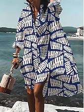 preiswerte Lässige Blumenkleider-Damen Knielanges Kleid Hemdblusenkleid Freizeitkleid Sommerkleid Elegant Bohemien Urlaub Strand Lässiger Schnitt Blumen Langarm V Ausschnitt Hemdkragen Blau Gelb Hellgrün Grün Sommer Frühling